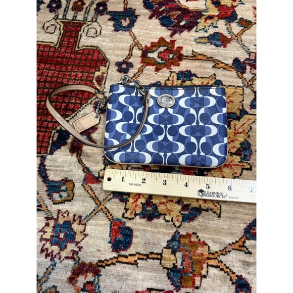 Coach Blue White Signature Op Art Wristlet Clutch Leather Trim - Picture 8 of 9